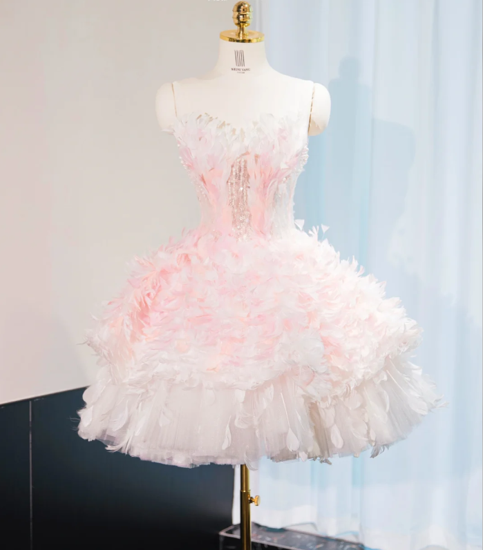 Sweet Pink Princess Tulle Feathers Short Birthday Dress Homecoming Dress S302