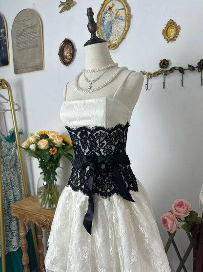 Cute A Line Strapless Bow Black White Lace Short Homecoming Dress Cocktail Dress SH3002