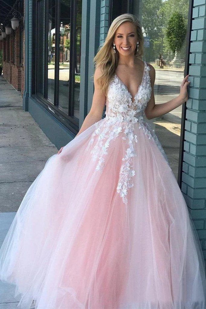 V Neck Open Back Tulle Applique Long Prom Dress SH568