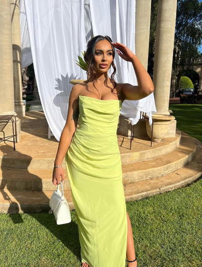 Simple Sheath Strapless Corset Green Chiffon Prom Dress Evening Dress with Slit SH2031