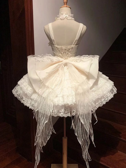 Classy Beige Floral Design Lace Layered Princess Birthday Dress With Big Bow  S397