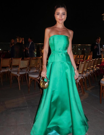 Elegant A Line Strapless Green Satin Long Prom Dress Evening Dress SH2072