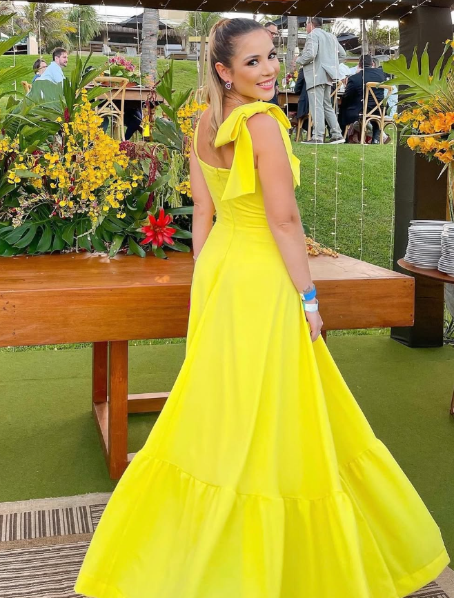 Cute A Line Straps Bow Yellow Satin Long Prom Dress Evening Dress SH2057