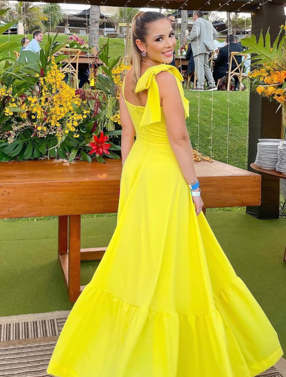 Cute A Line Straps Bow Yellow Satin Long Prom Dress Evening Dress SH2057
