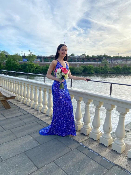 Blue V-Neck Mermaid Prom Dress