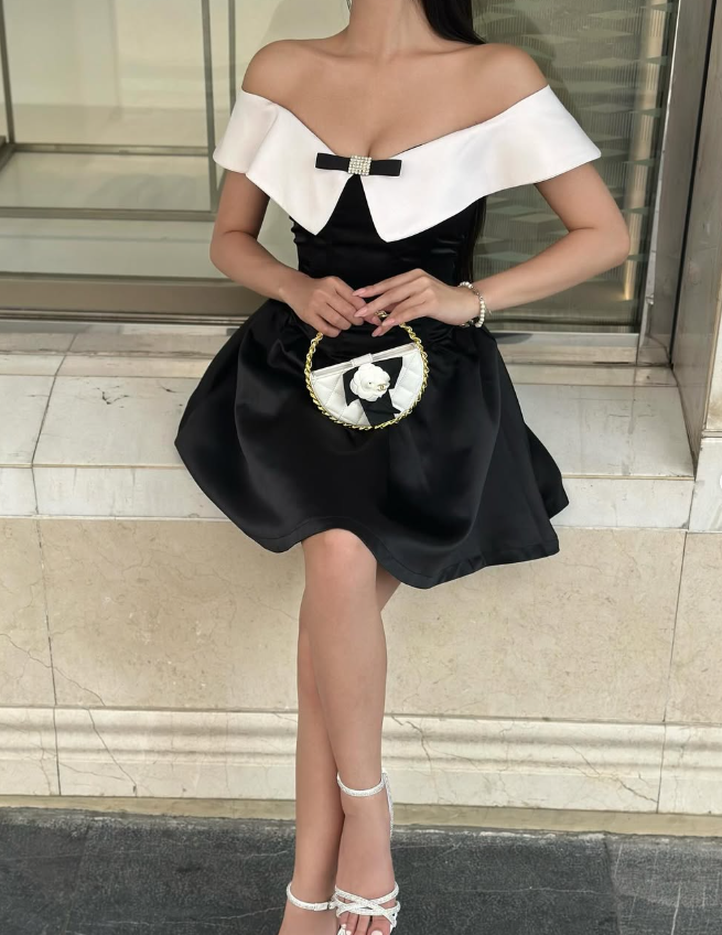 Stunning A Line Off the Shoulder White Black Satin Short Homecoming Dress Birthday Dress SH3026
