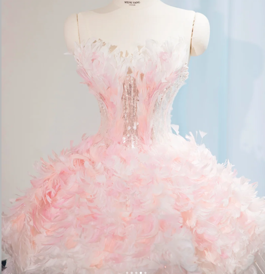 Sweet Pink Princess Tulle Feathers Short Birthday Dress Homecoming Dress S302