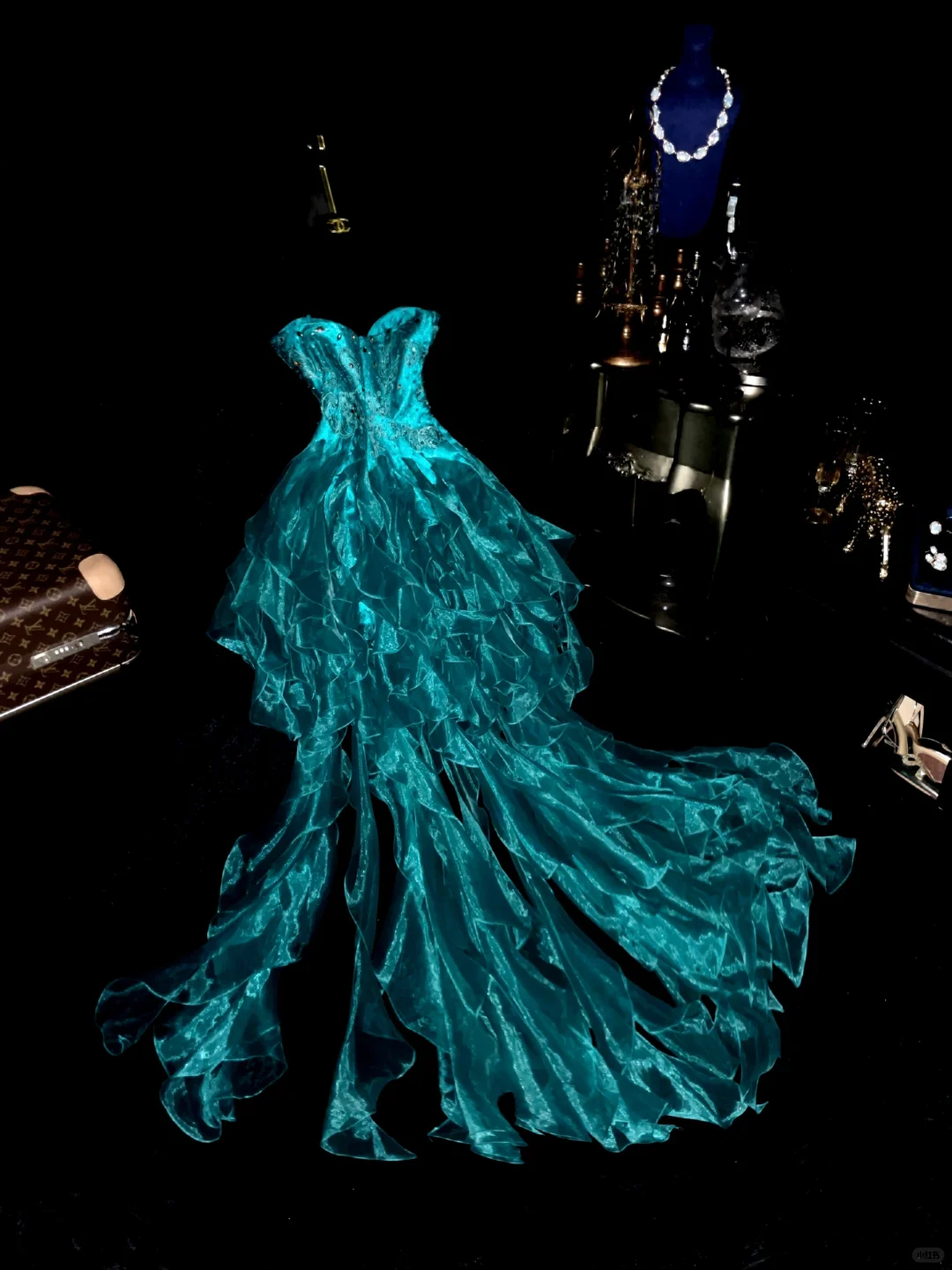 Vintage A Line Sweetheart Neck Blue Ruffle Beaded Organza Prom Dress Party Dress SH3072