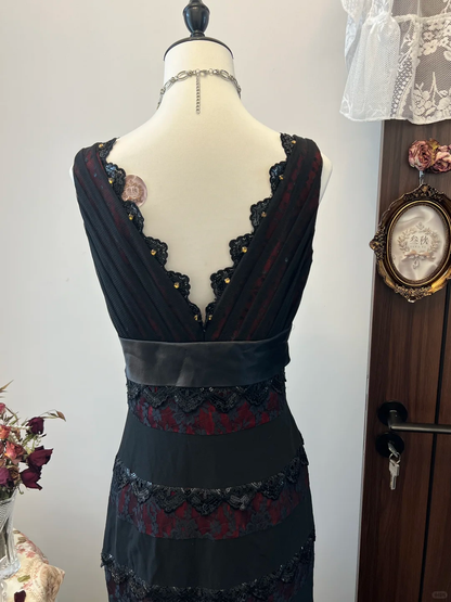 Vintage A Line V Neck Black Lace Tulle Prom Dress Evening Dress with Bow SH2988