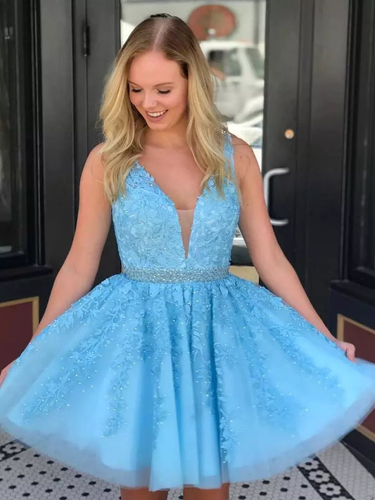 PM056,Sky blue lace homecoming dresses beaded applique a-line graduation dress