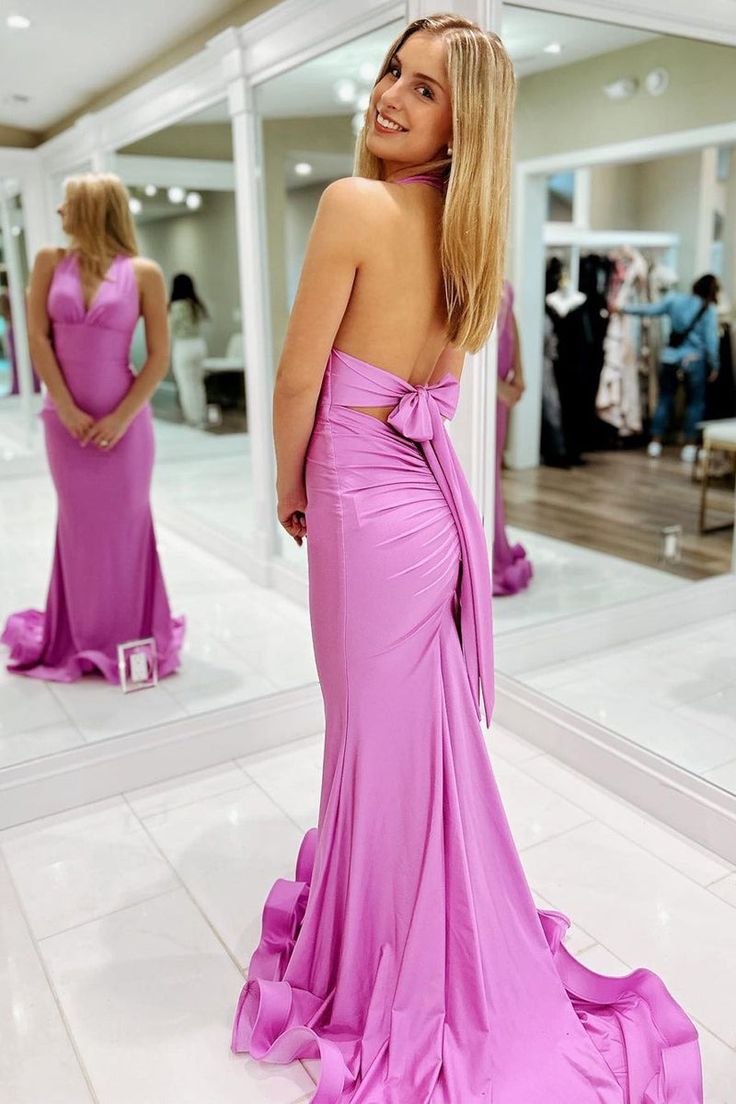 Halter Lilac Mermaid Prom Dress, Backless Evening Party Dress