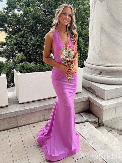 Halter Lilac Mermaid Prom Dress, Backless Evening Party Dress