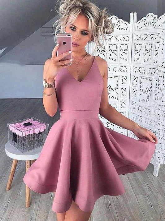 PM297,Cheap Pink A-Line Satin Homecoming Prom Dresses