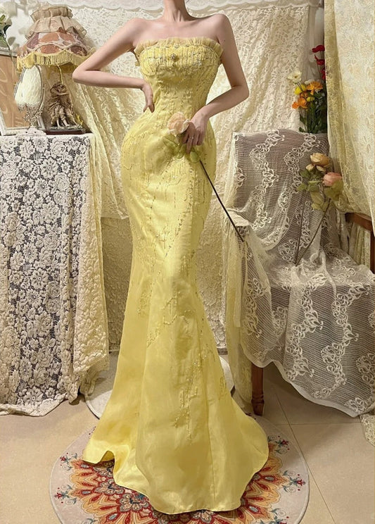 Yellow Beaded Long Satin Mermaid Ball Gown Evening Gown Party Dress gh4438