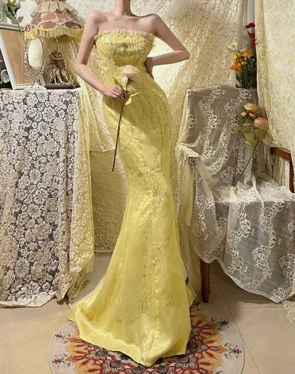 Yellow Beaded Long Satin Mermaid Ball Gown Evening Gown Party Dress gh4438