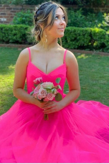Hot Pink A-line V-neck Long Prom Dress, Tulle Preppy Graduation Dress