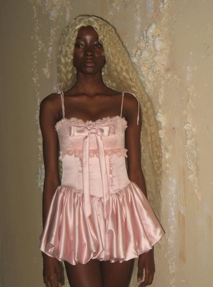 Cute Pink A Line Spaghetti Strap Lace Satin Short Homecoming Dress Birthday Dress with Bow SH3788