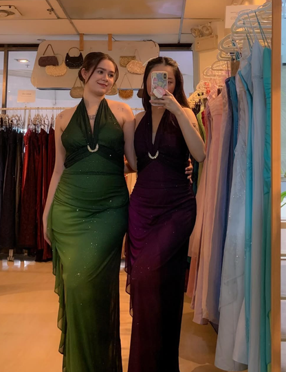 Sexy Halter Ombre Green Chiffon Backless Long Prom Dress Evening Dress SH1147