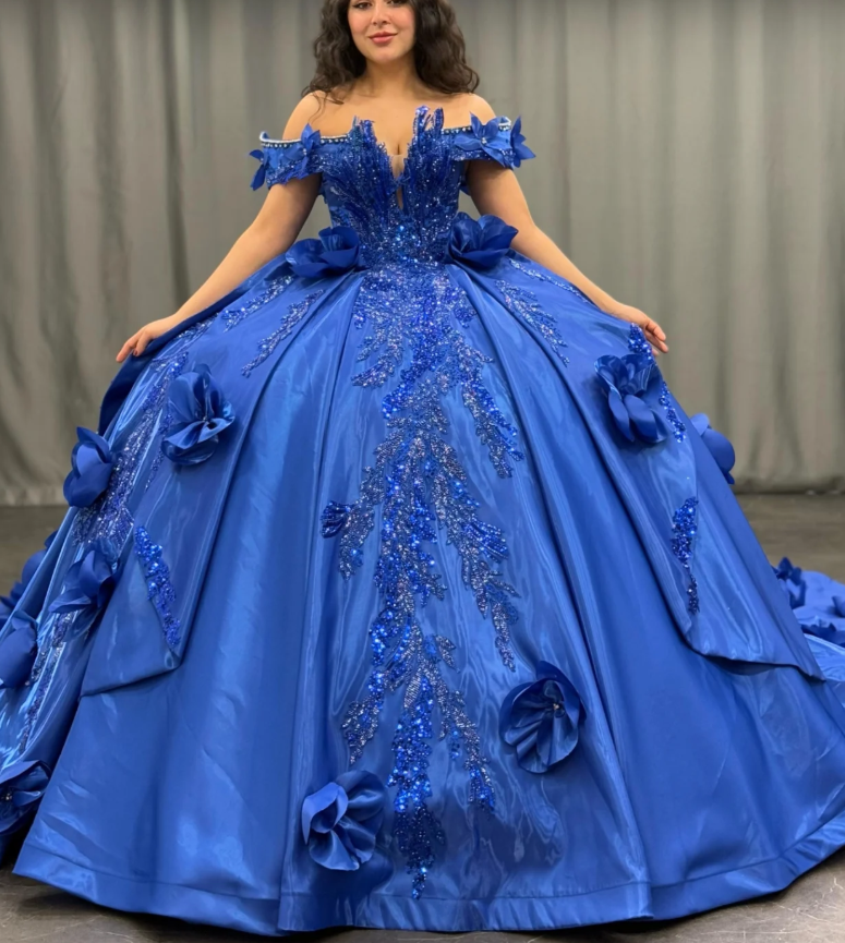 Gorgeous Ball Gown Off the Shoulder Flower Appliques Blue Satin Sweet 16 Dress, Quinceanera Dress SH3040