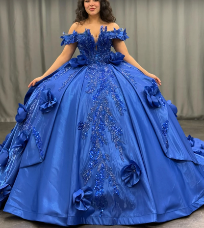 Gorgeous Ball Gown Off the Shoulder Flower Appliques Blue Satin Sweet 16 Dress, Quinceanera Dress SH3040