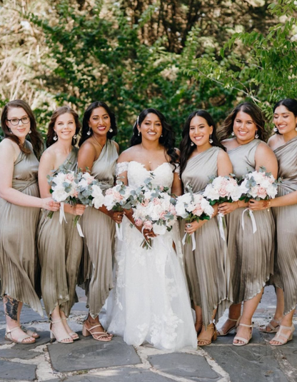 Elegant A Line One Shoulder Pleated Sage Green Satin Bridesmaid Dress Evening Dress SH3056