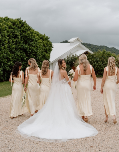 Elegant A Line Spaghetti Strap Yellow Satin Evening Dress Bridesmaid Dress with Slit SH2696