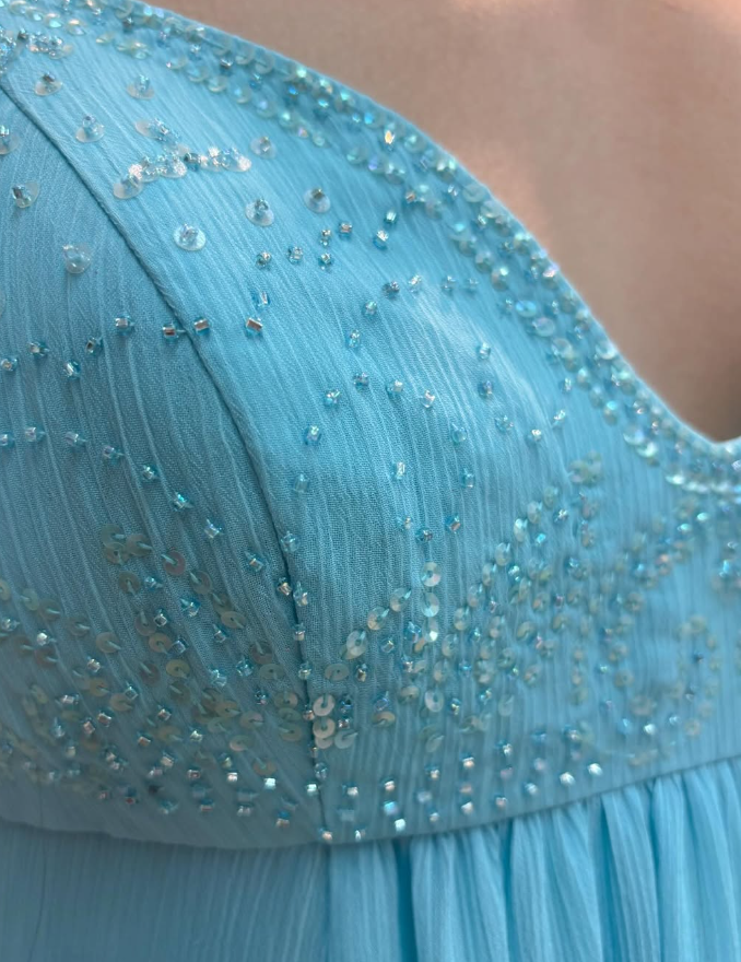 2025 New A Line Spaghetti Strap Beaded Sequin Blue Chiffon Prom Dress Evening Dress SH2224
