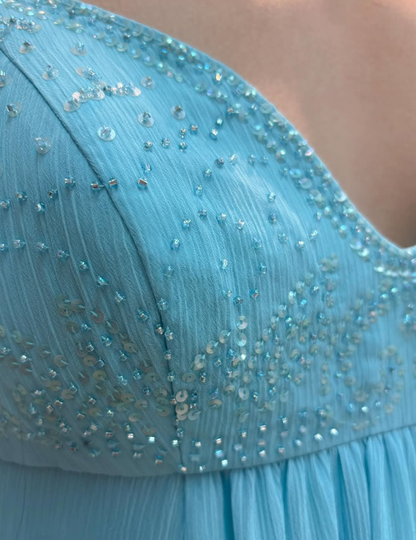 2025 New A Line Spaghetti Strap Beaded Sequin Blue Chiffon Prom Dress Evening Dress SH2224