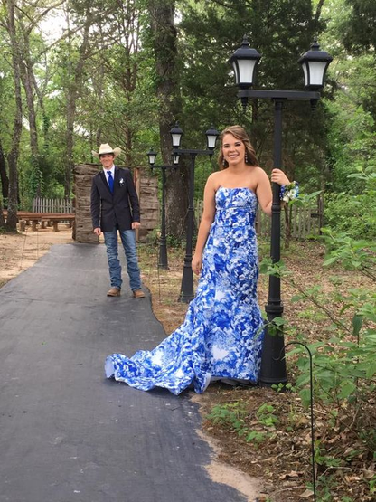 Unique Blue Print Strapless Long Mermaid Prom Dress Evening Dress SH1089