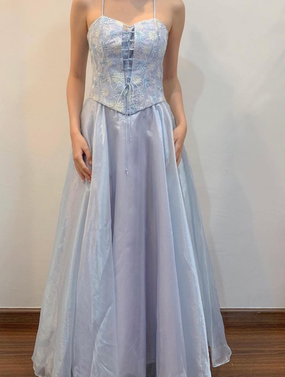 Blue A Line Spaghetti Strap Embroidered Tulle Satin Prom Dress Evening Dress SH2042