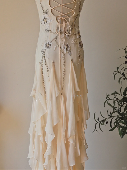 Apricot Mermaid Spaghetti Strap Embroidered Beaded Ruffle Chiffon Prom Dress Formal Dress SH3882