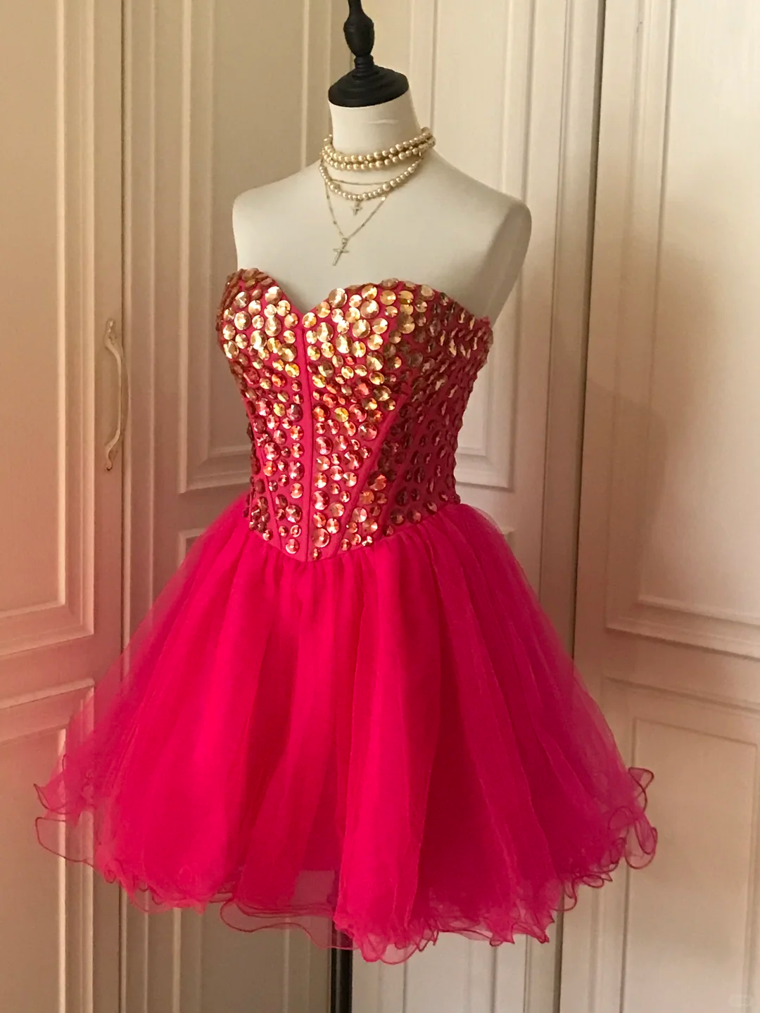 Gorgeous Strapless Red Tulle Beaded Formal Birthday Outfits Homecoming Dress S543