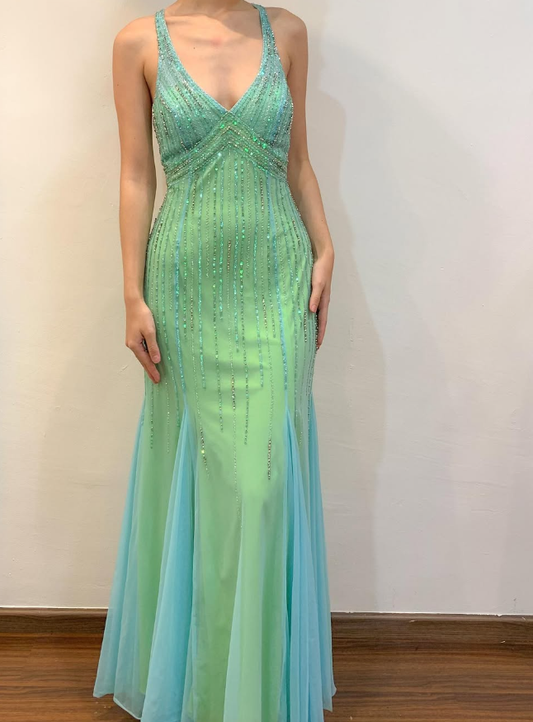 Green Mermaid Halter V Neck Beaded Chiffon Open Back Prom Dress Evening Dress SH2170