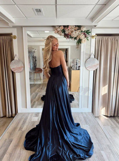 Elegant A Line Sweetheart Neck Navy Blue Satin Long Prom Dress Evening Dress SH2315