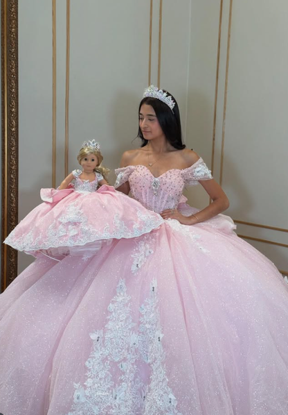 Pink Ball Gown Off the Shoulder Appliques Beaded Tulle Sweet 16 Dress Party Gowns Quinceanera Dresses SH3558
