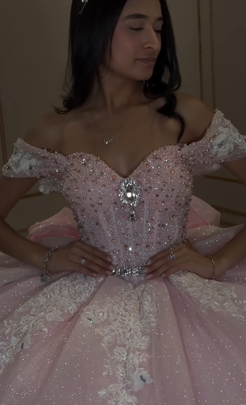 Pink Ball Gown Off the Shoulder Appliques Beaded Tulle Sweet 16 Dress Party Gowns Quinceanera Dresses SH3558