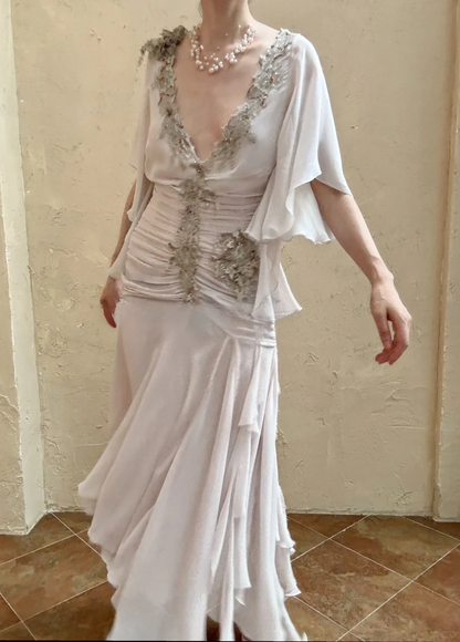 Vintage Mermaid V Neck Lace Pleated Chiffon Prom Dress Formal Dress SH3864