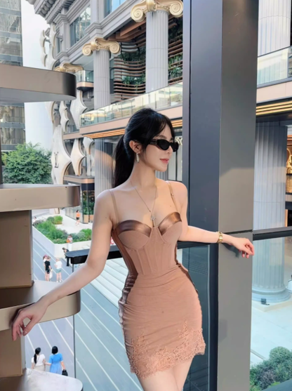 Sexy Sheath Spaghetti Strap Brown Lace Tulle Short Homecoming Dress Cocktail Dress SH3122