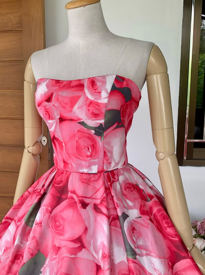 Vintage Pink A Line Strapless Print Flower Satin Prom Dress Evening Dress SH2292