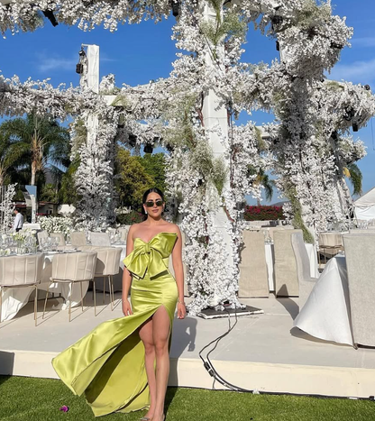 2025 New Mermaid Strapless Bow Green Satin Prom Dress Graduation Prom Dress with Slit SH2471