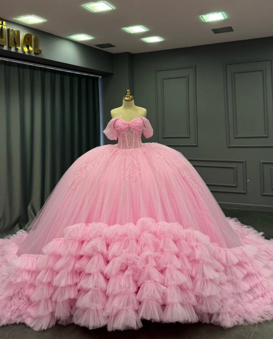 Charming Ball Gown Off-The-Shoulder Appliques Pink Tulle Sweet 16 Dress, Quinceanera Dress SH3038