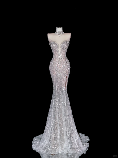 Exquisite Dreamy Mermaid Beaded Pearl Sequin White Tulle Prom Dress Party Dress with Slit SH3492