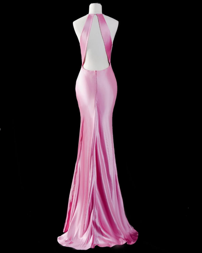 Cute Mermaid Halter Bow Pink Satin Open Back Prom Dress Graduation Prom Dress SH2462