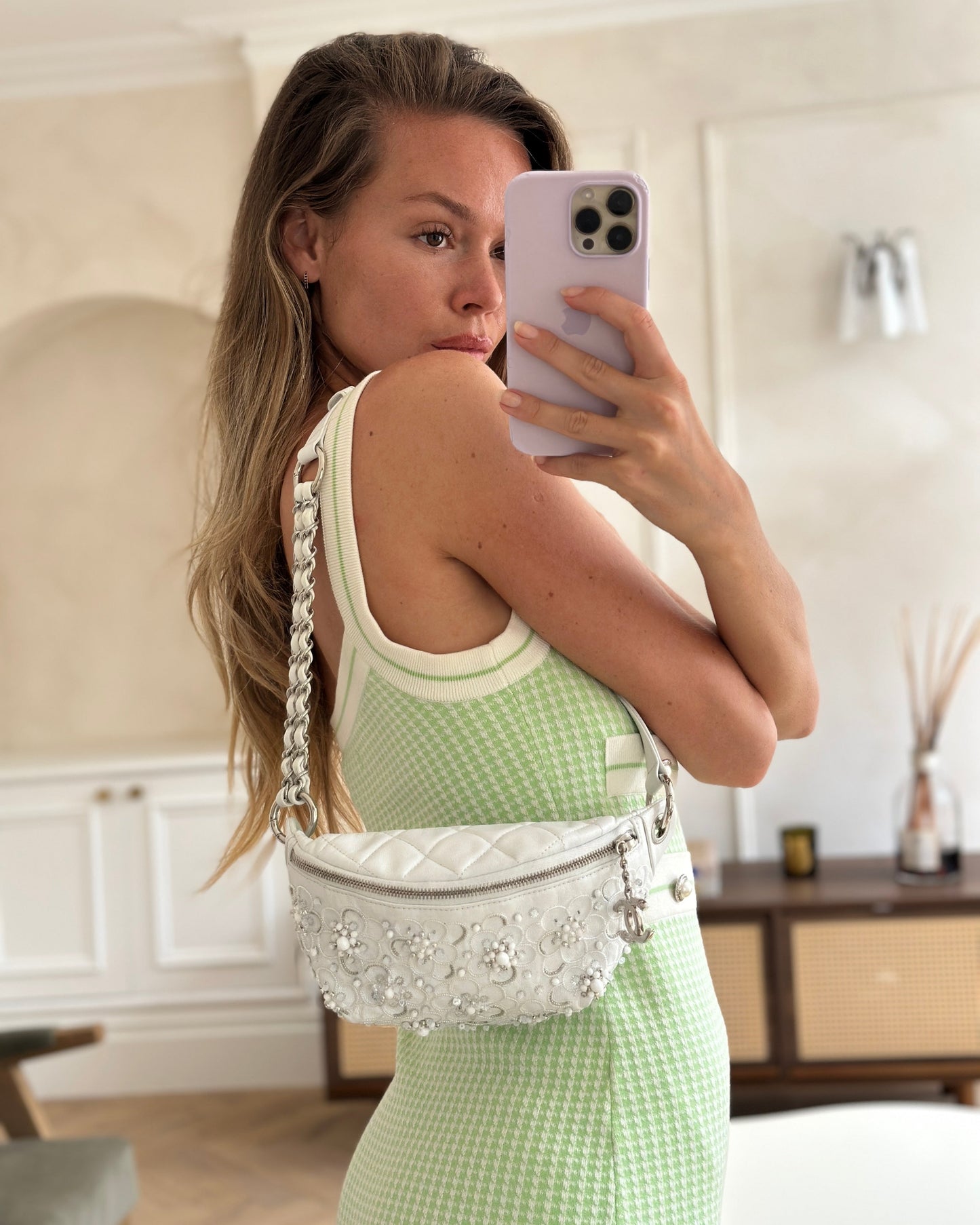 Chanel White Lambskin Leather Bum Bag with Silver Crystal Bead Embellishments and Silver Hardware RRP £4,660