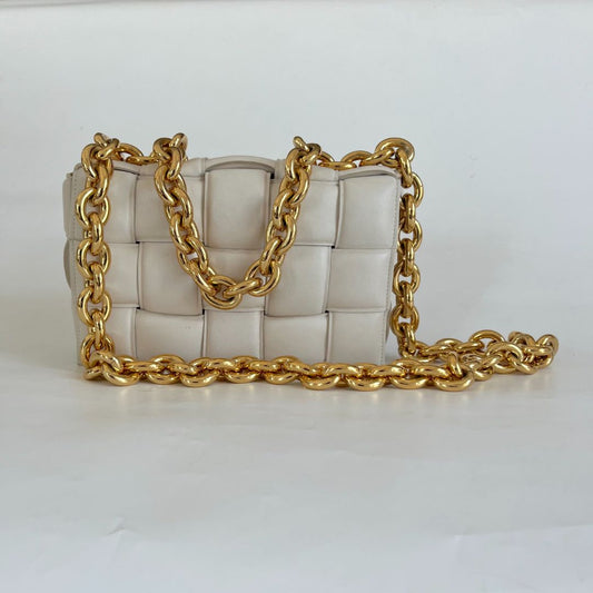 Bottega Veneta White Leather Chain Cassette Top Handle Bag