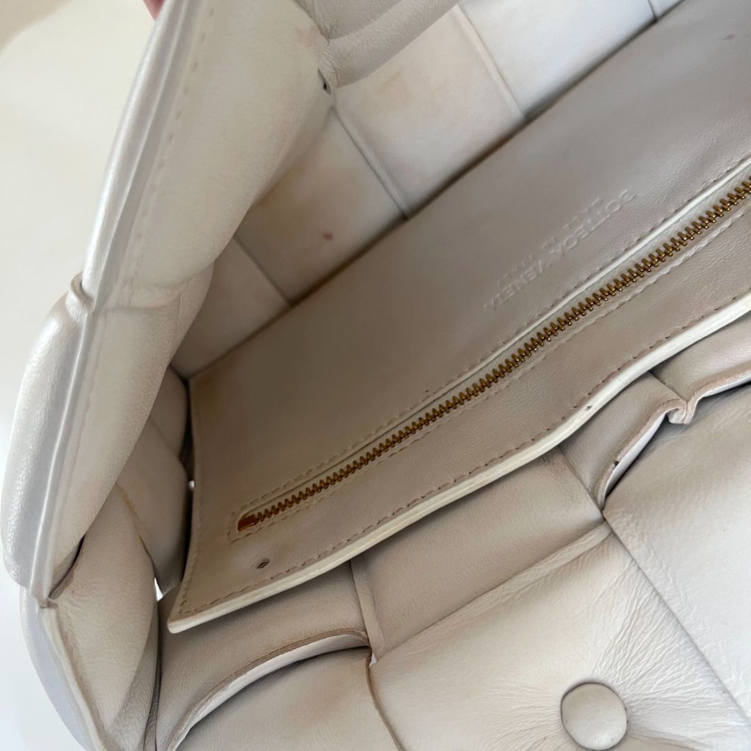 Bottega Veneta White Leather Chain Cassette Top Handle Bag
