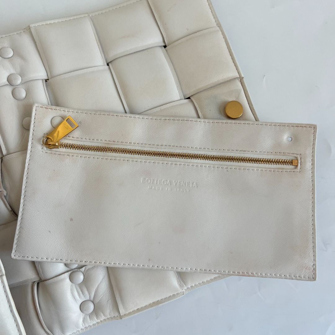 Bottega Veneta White Leather Chain Cassette Top Handle Bag