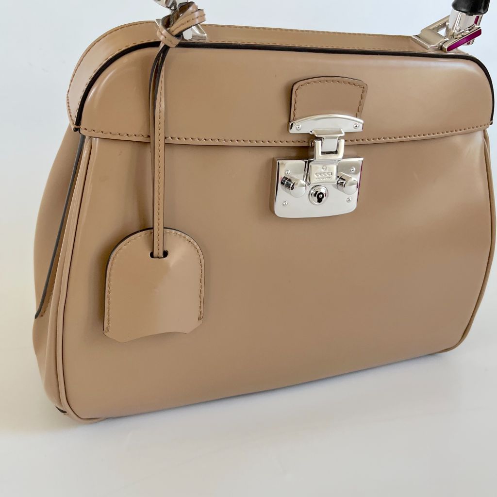 Gucci Beige Leather Lady Lock Bamboo Top Handle Bag