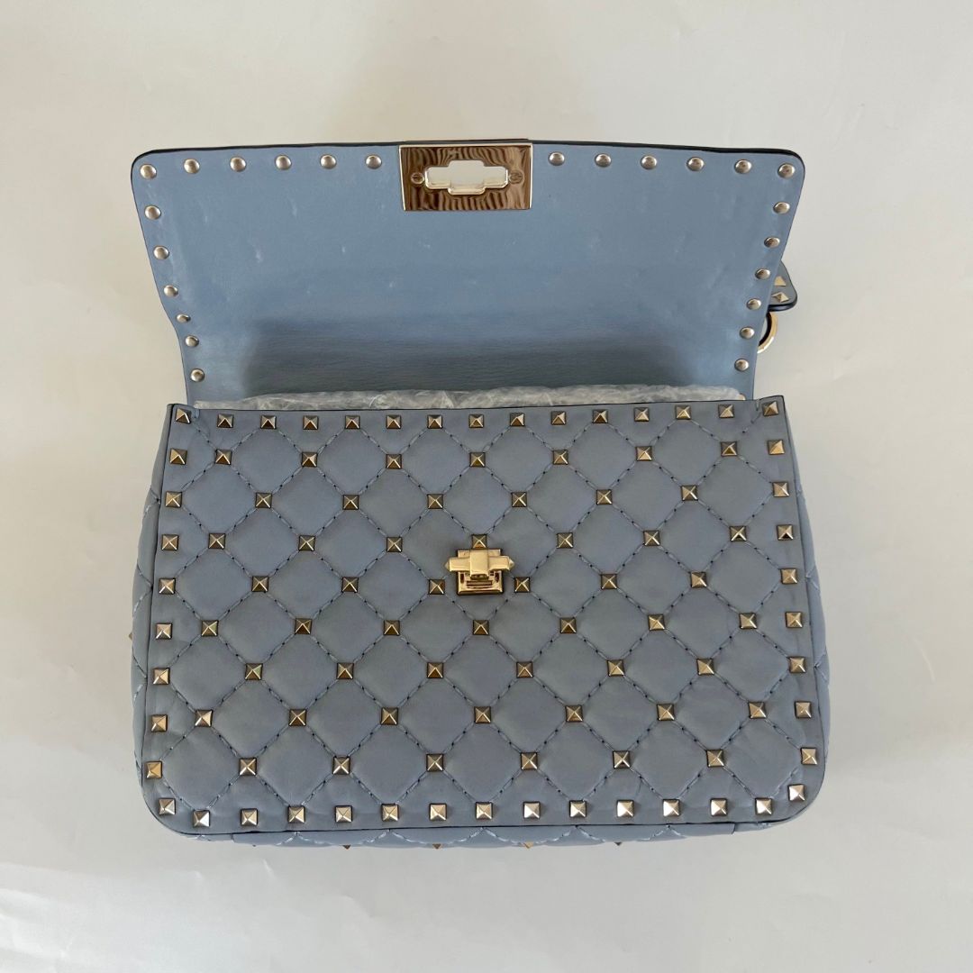Valentino Blue Quilted Leather Medium Rockstud Spike Chain Bag