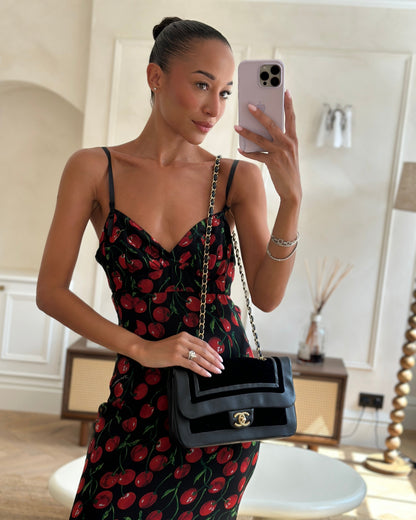 Chanel Black Medium Flap Bag in Lambskin Leather and Velvet with Rope CC Logo Detail